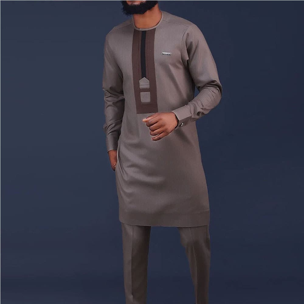 2022 New African Ethnic Style Autumn Winter Color Block Long Sleeve Round Neck Men's Wedding Party Suit