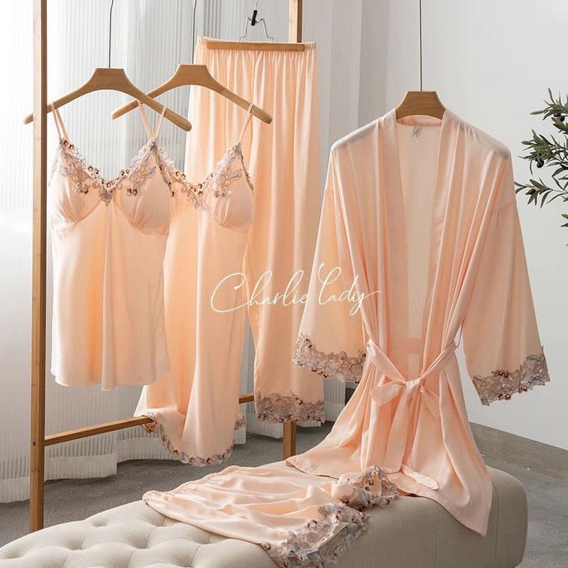 Sexy Women's Ice Silk Lace Robe Five-Piece Set with Chest Pads, Spring Summer Autumn Ladies Homewear Suit, Comfortable Sleepwear
