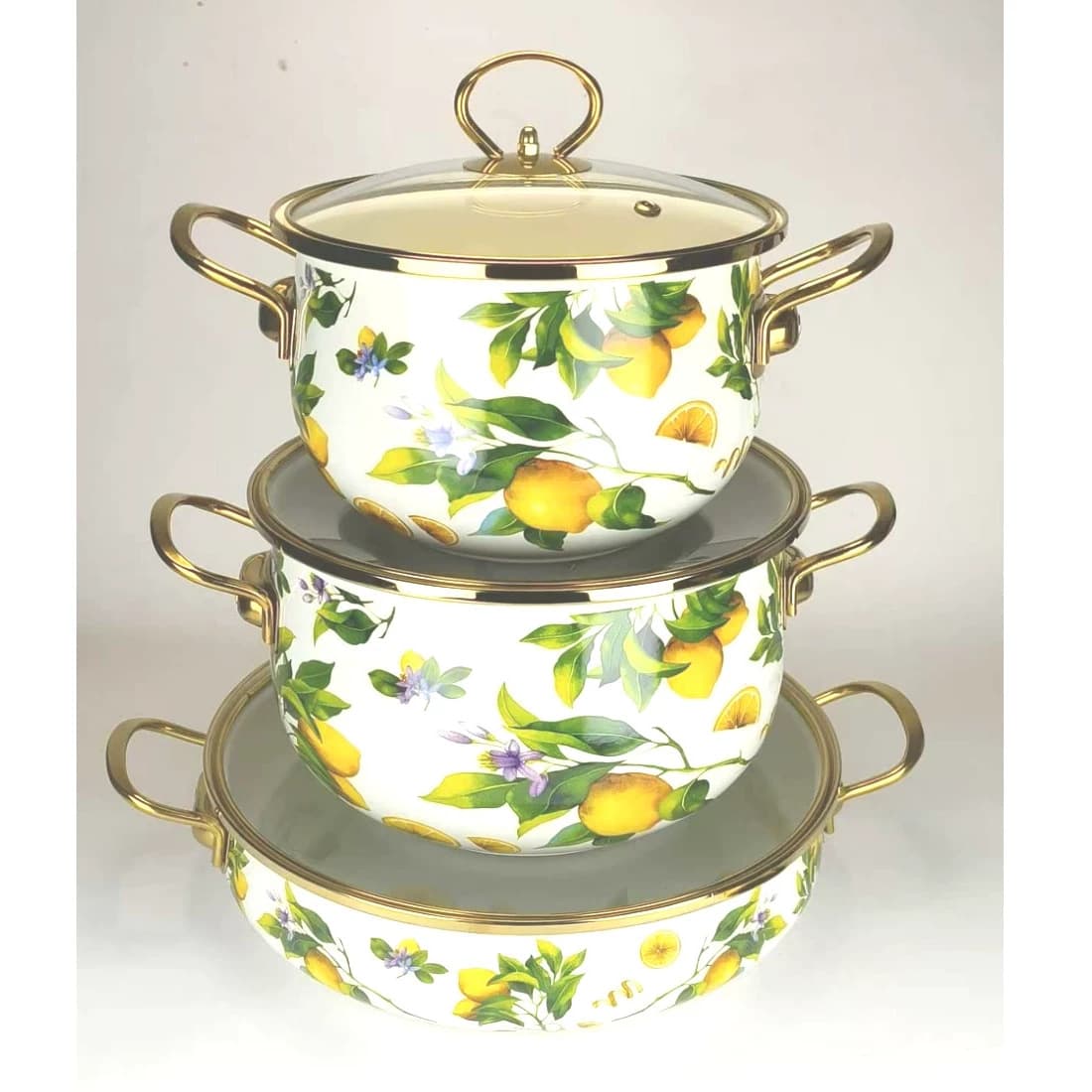 POT Brand Straight Pomegranate Cherry Lemon Rich Flower Two Stockpots with Seafood Pot Enamel Stockpot 3-Piece Set