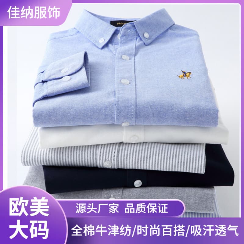 Amazon Foreign Trade European Style Pure Cotton Oxford Men's Long Sleeve Solid Color Shirt Cross-border Cotton Embroidery Shirt