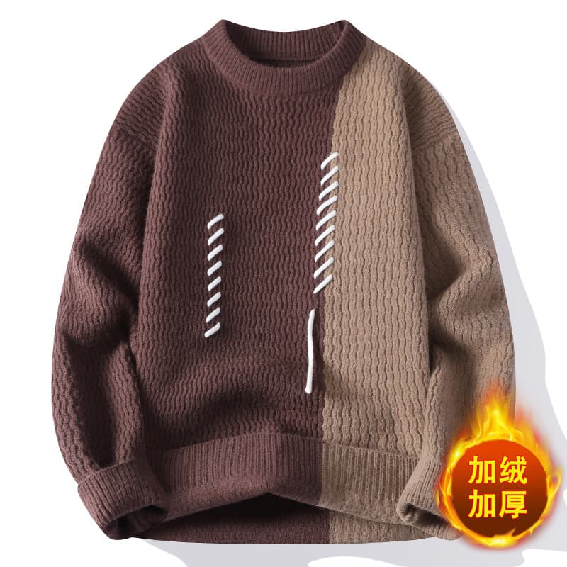 New Autumn/Winter Drawstring Sweater for Male Students, Fleece-Lined and Thickened Warm Knitwear, Youth Color-Block Pullover