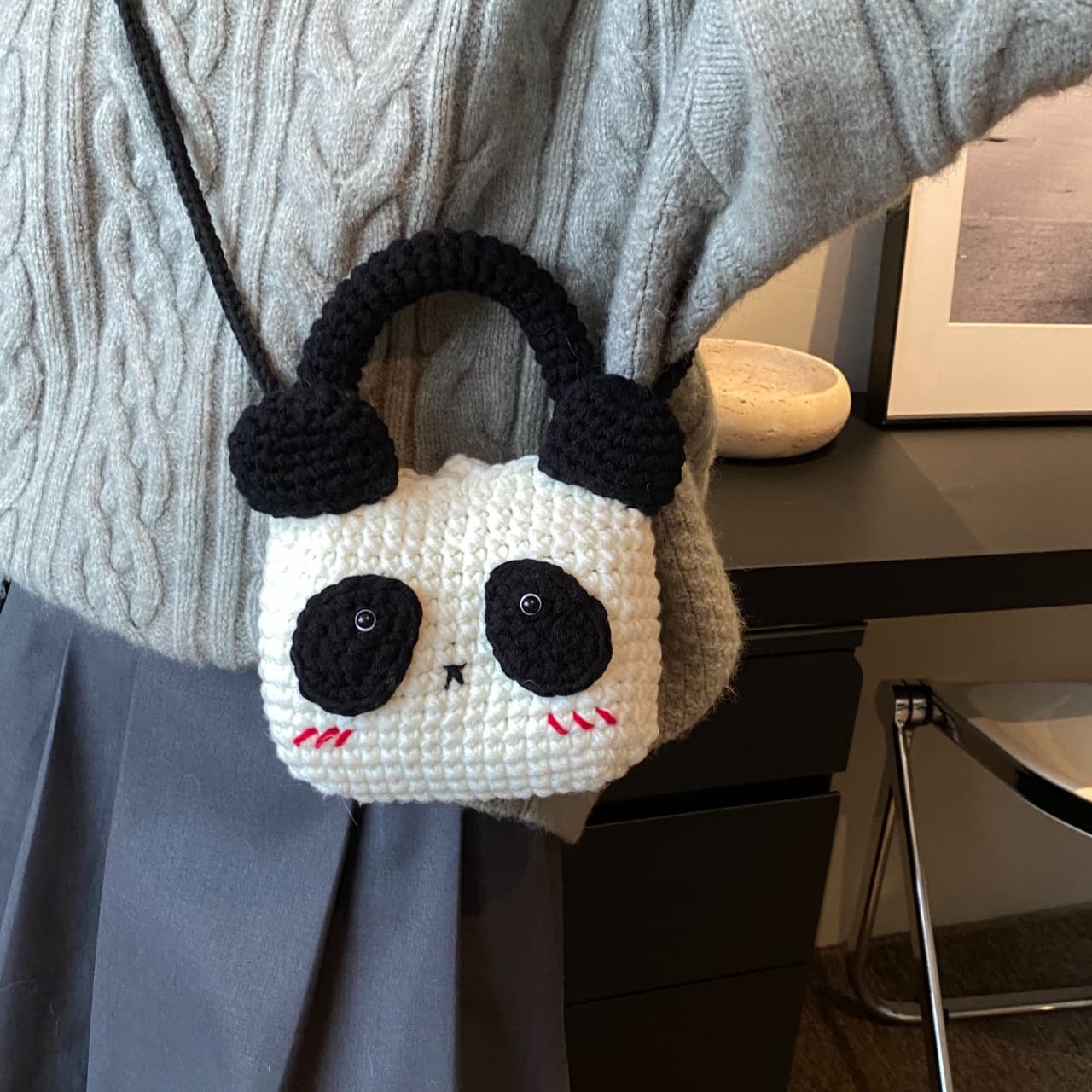 Wholesale Panda Wool Handbag Women's Personalized Knitted Finished Bag White Children's Crossbody Bag Cute Shoulder Bag
