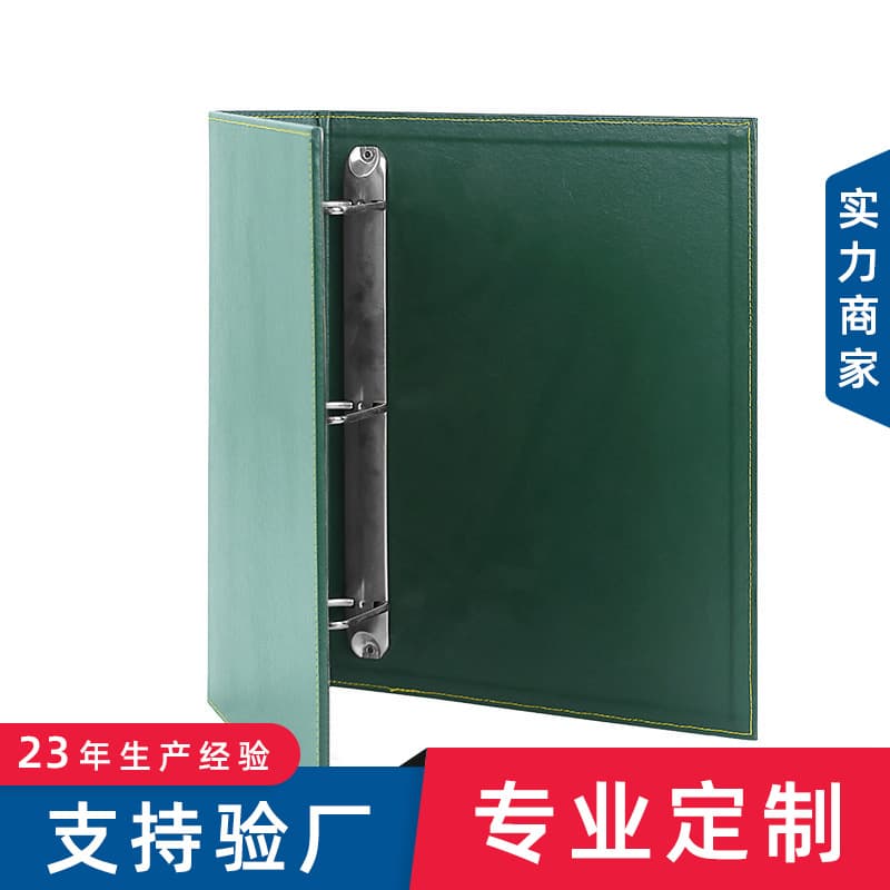 Custom 3-Ring Binder Organizer from Dongguan Manufacturer, Business Green PU Leather D-Clip Folder with Embossed Gold Foil Logo