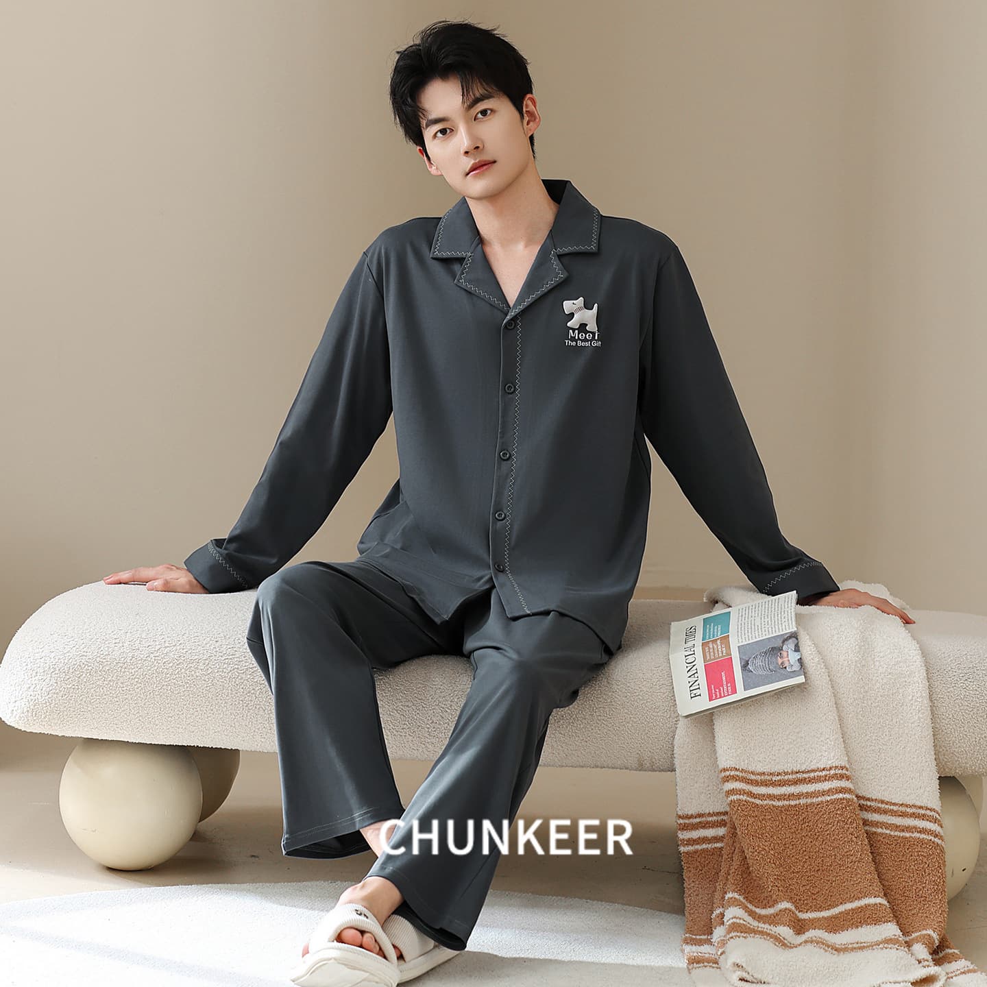 Spring and Autumn Tencel Cotton Men's Pajamas Premium Cardigan Long Sleeve Solid Simple Fashion Soft High-End Homewear