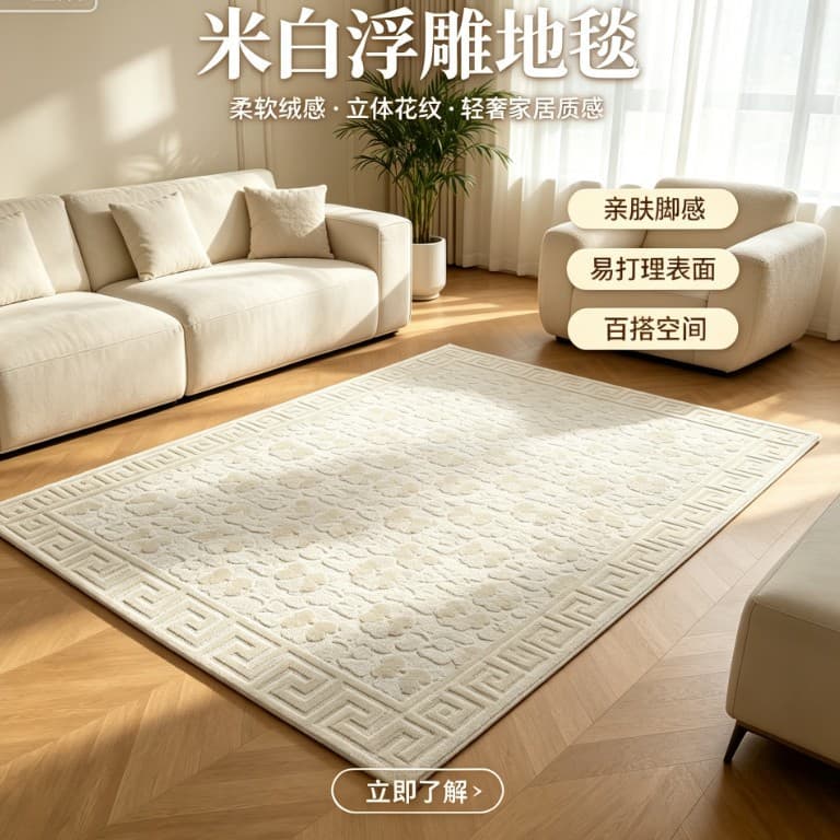 Handmade three-dimensional carved four-leaf clover carpet with word frame, off-white living room bedroom carpet, simple light luxury bedroom carpet