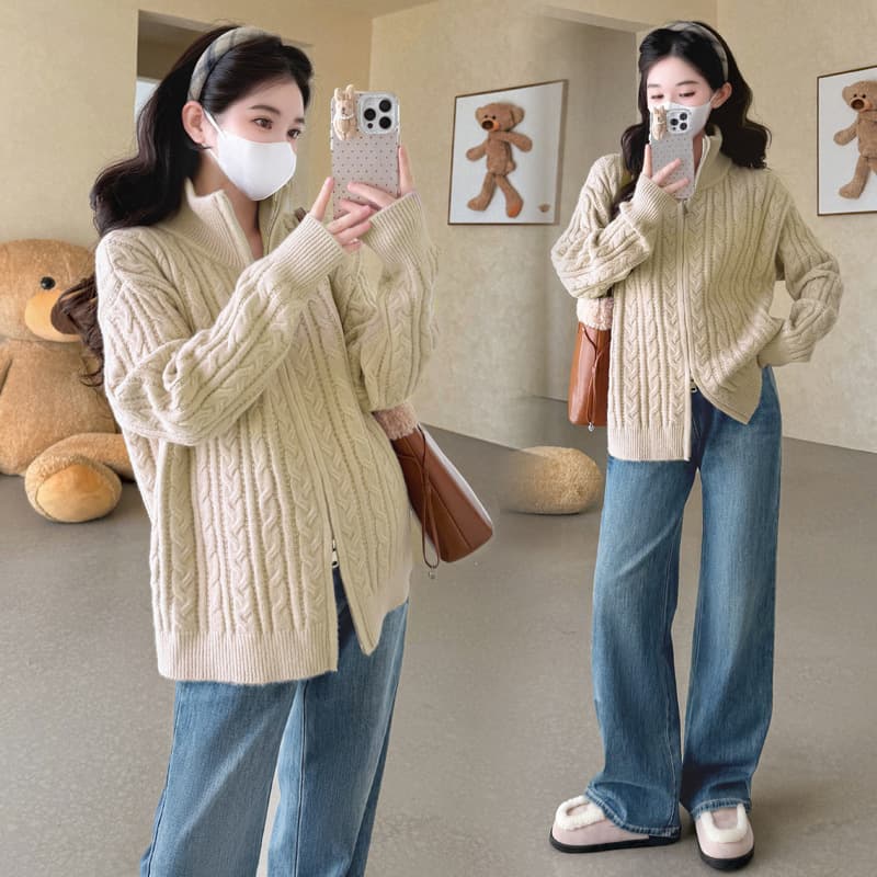 Maternity Wear Sweater Zipper Cable Coat 2025 Autumn Winter New Fashion Atmosphere Lazy Style Stand Collar Top Women