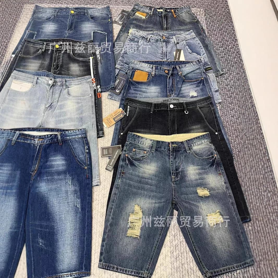 Cross-Border Wholesale Plus-Size Denim Mid-Length Pants 2025 Summer Thin Distressed Slim-Fit Men's Breeches Five-Point Shorts