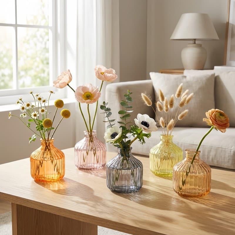 Macaron Color Vertical Ribbed Glass Vase, Home Desktop Hydroponic Plant Vase, Bedroom Entryway Decorative Vase Wholesale