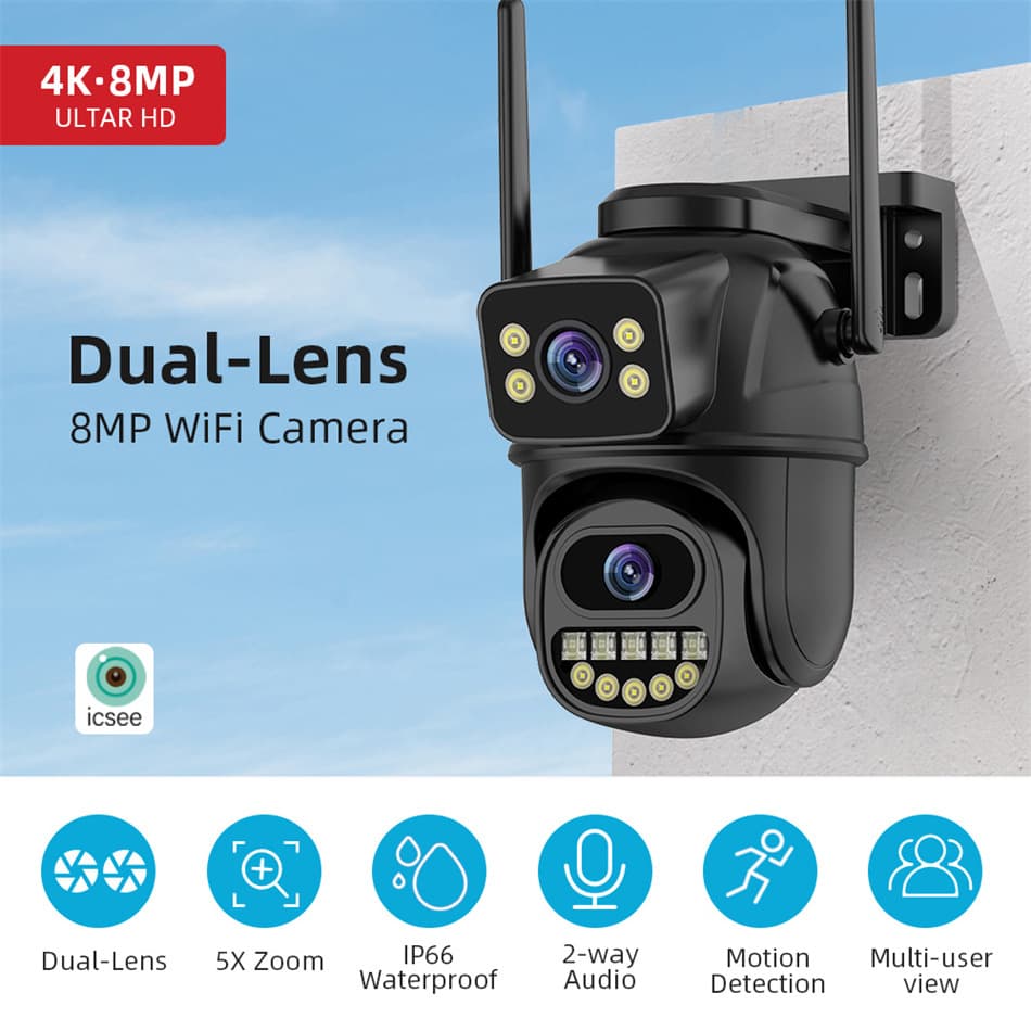 ICSEE 8MP WiFi Gun & Ball Dual-lens Wireless HD Outdoor Network Camera with Mobile Remote App and Cloud Viewing