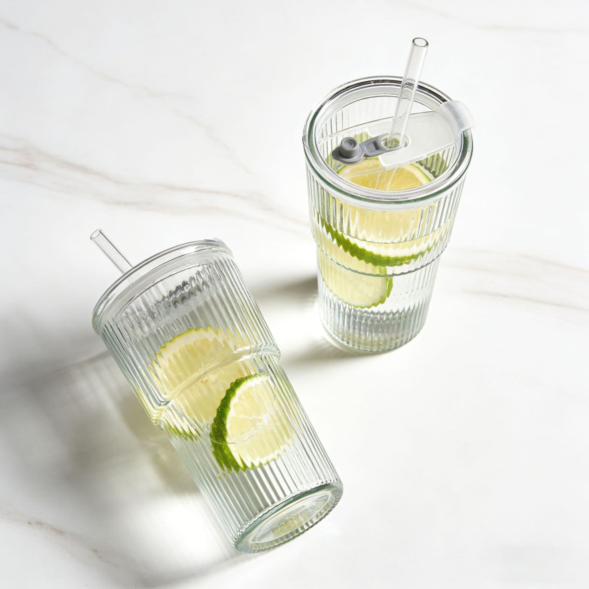 Drop Shipping Glass Cup High Appearance Cold Drink Cup Juice Coffee Cup with Lid and Straw Large Vertical Stripes Water Cup