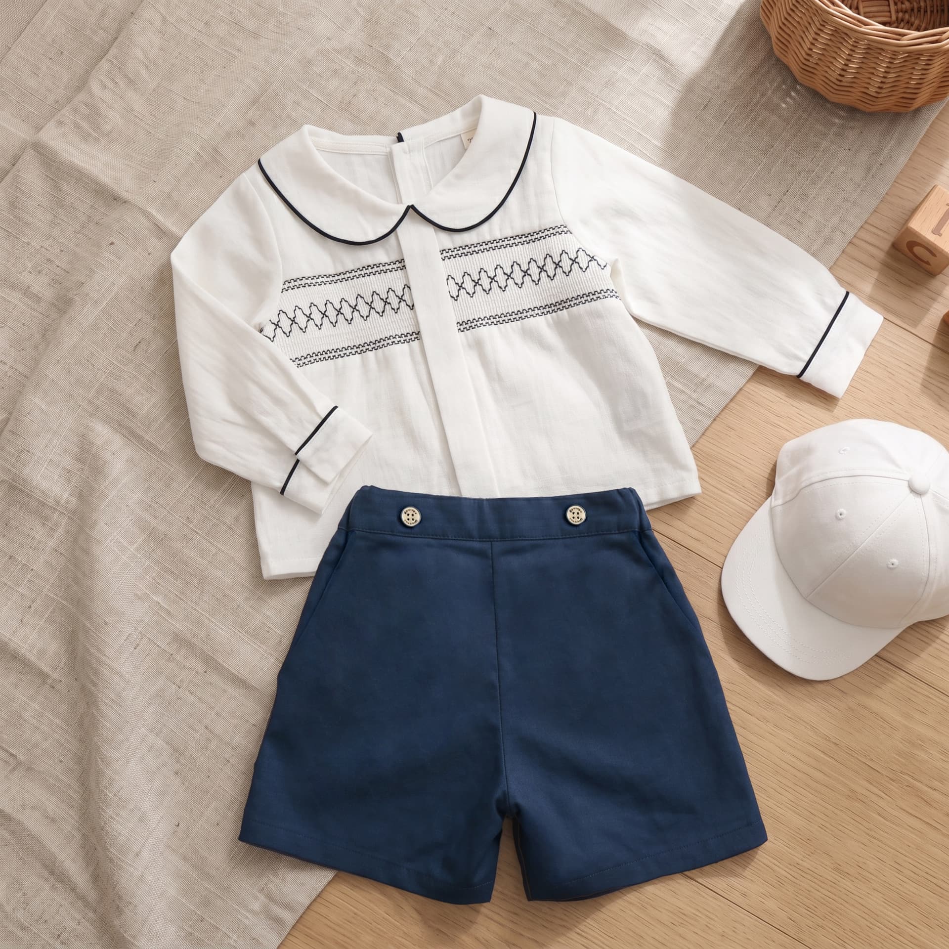 Boys' Summer New Style Lapel Shirt and Shorts Set Long Sleeve Shirring Embroidery Two-Piece Outfit for Baby Toddler