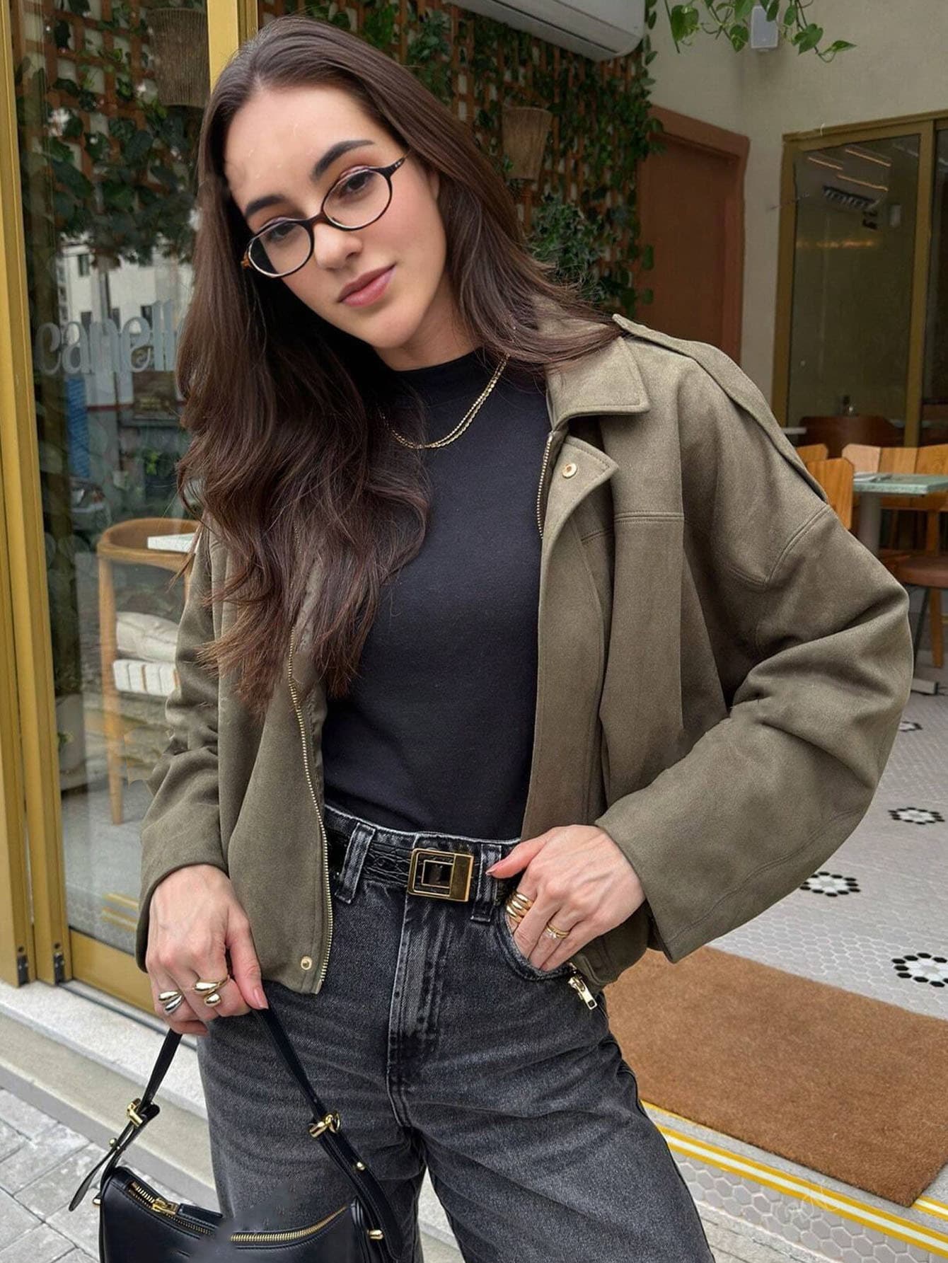 Cross-border Wholesale European and American Women's Fashion 2025 Fall Winter Pilot Jacket Batwing Sleeve Zipper Casual Coat Top