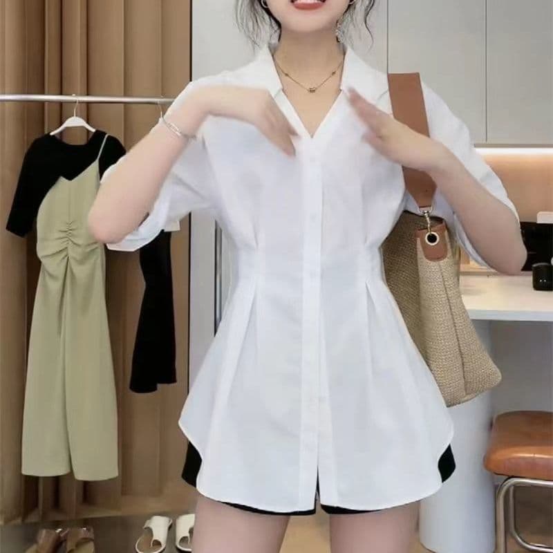 Spring/autumn new style waist-cinching slimming white shirt for women, ruffled collar long-sleeve shirt casual top mid-length...