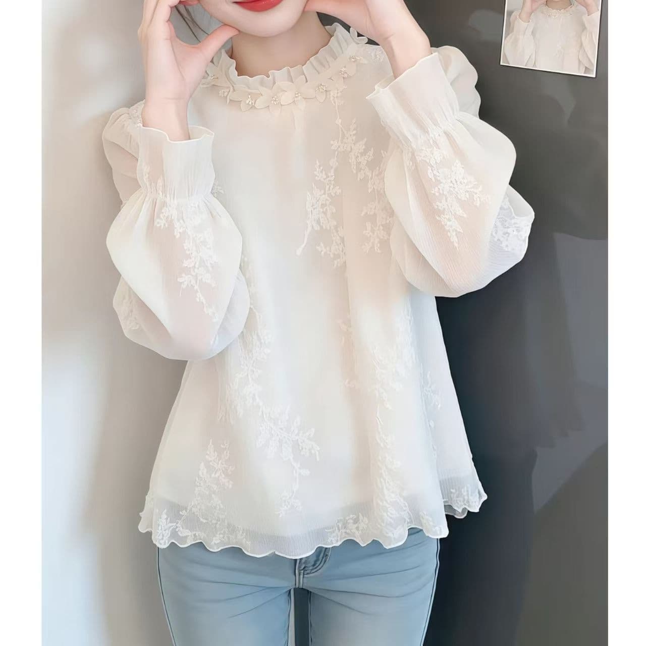 2026 New White Lace Embroidered Chiffon Shirt Women's Spring and Autumn Bell Sleeve Stand Collar Temperament Commuting Fashion Top