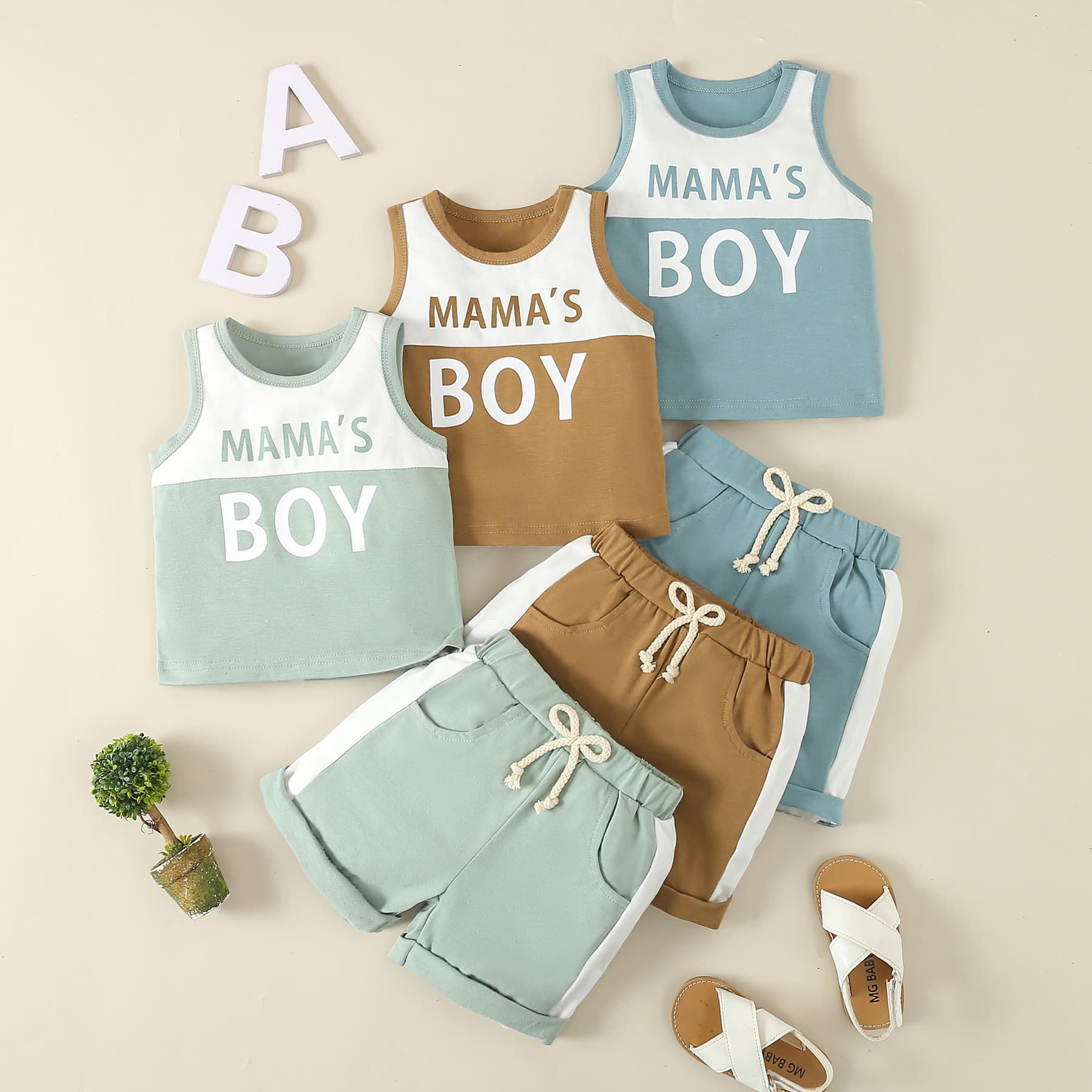 Children's Summer Sleeveless Letter Print Patchwork Casual Boy's Small Set Soft Cotton Shorts And T-shirt Two-Piece Suit for Toddlers