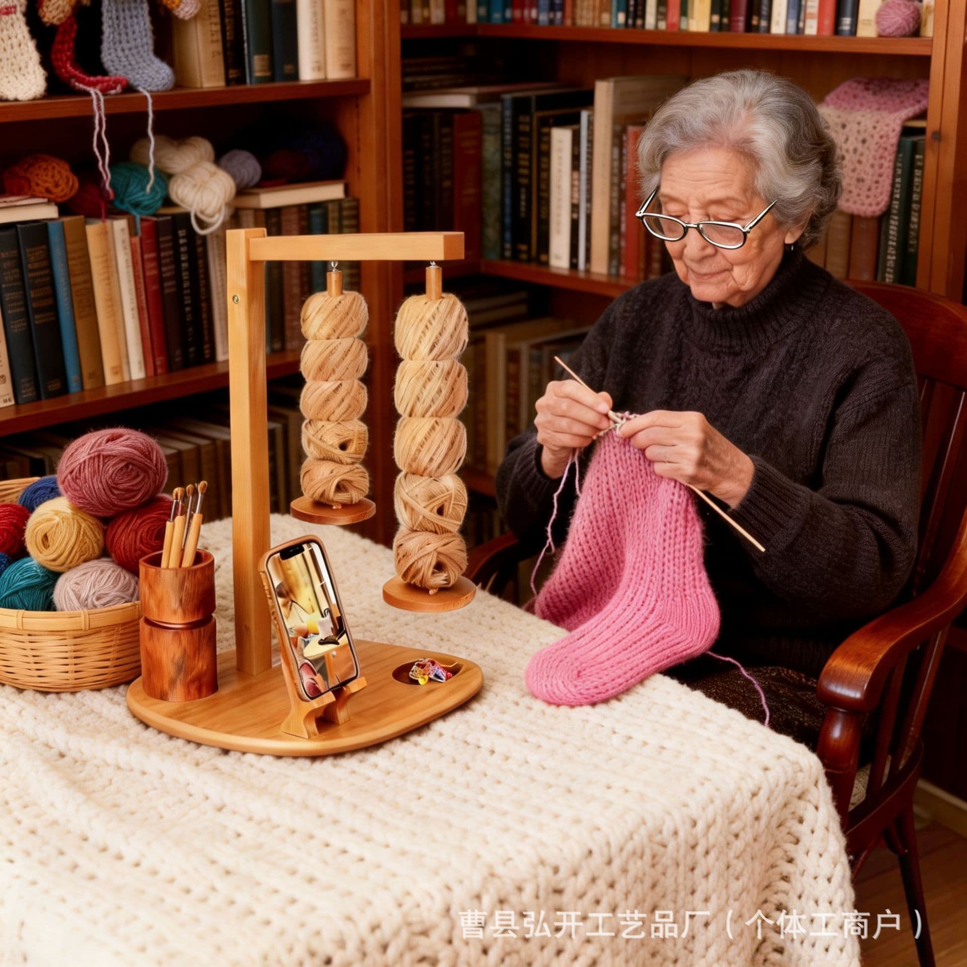 New wooden yarn rack hand-woven yarn rack household solid wood crochet yarn rotating shaft with mobile phone holder