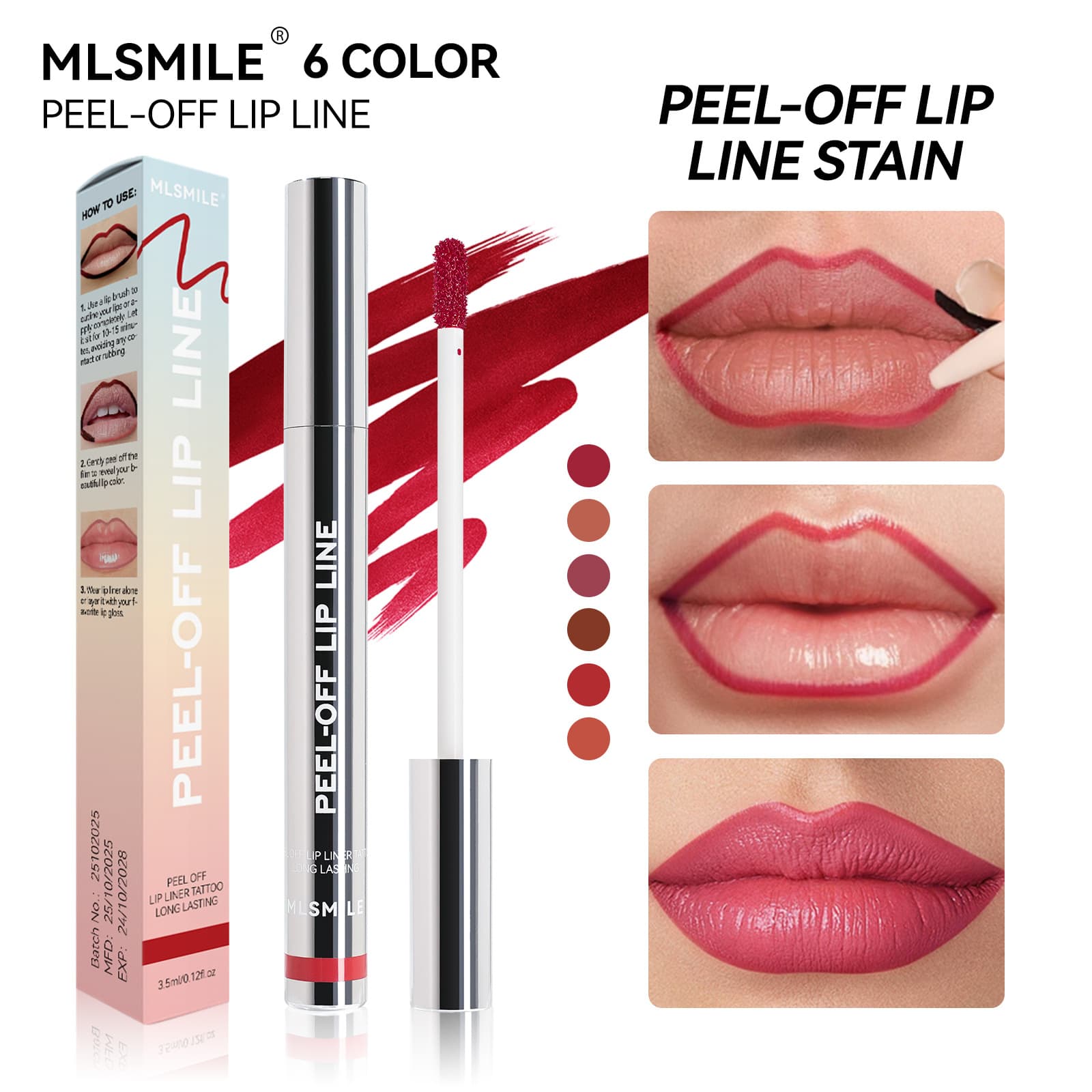 MLSMILE Peel-off Lip Liner Pencil 6 Colors, Define Lip Shape, Waterproof & Smudge-proof, Silver Tube Peel-off Lip Liner
