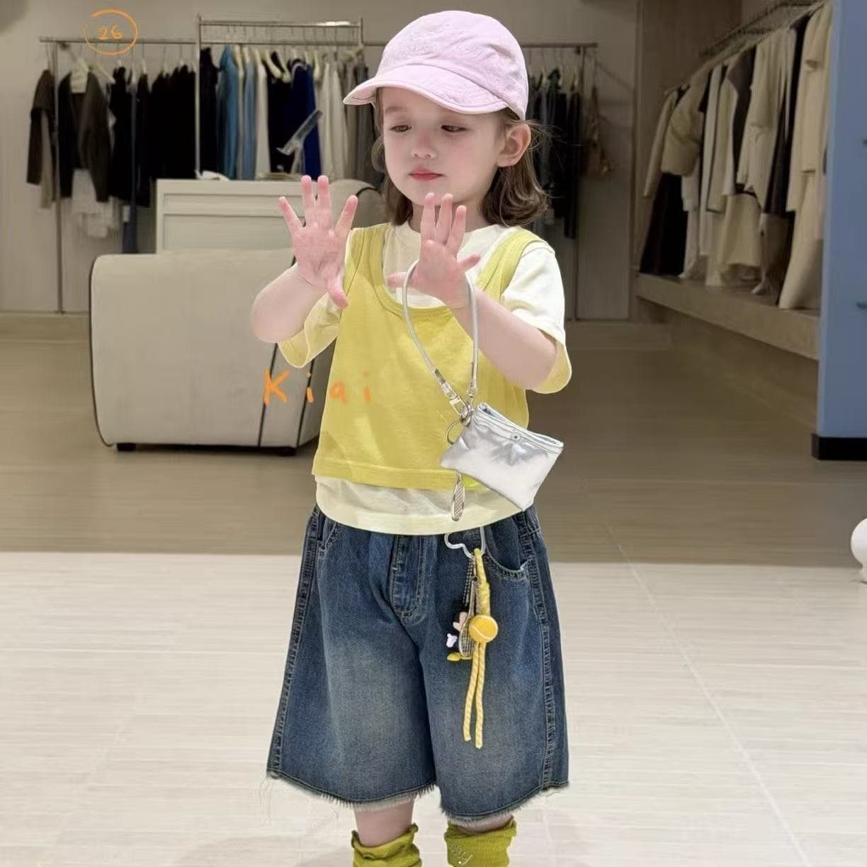 Girls Suit 2026 Korean Summer New Internet Celebrity Fashion Fake Two-piece Short-sleeved Children's Denim Pants Two-piece Set