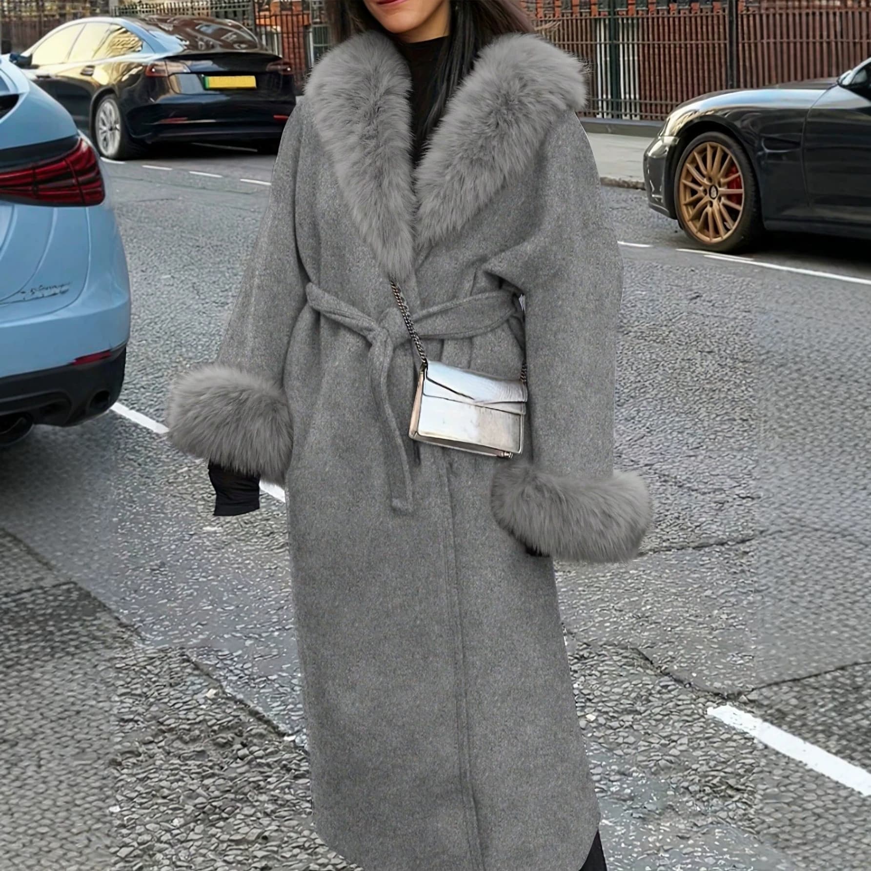 European and American Women's Elegant Commuter Wool Coat with Faux Fur Collar, Tie Waist, Loose Long Style, Overseas Warehouse
