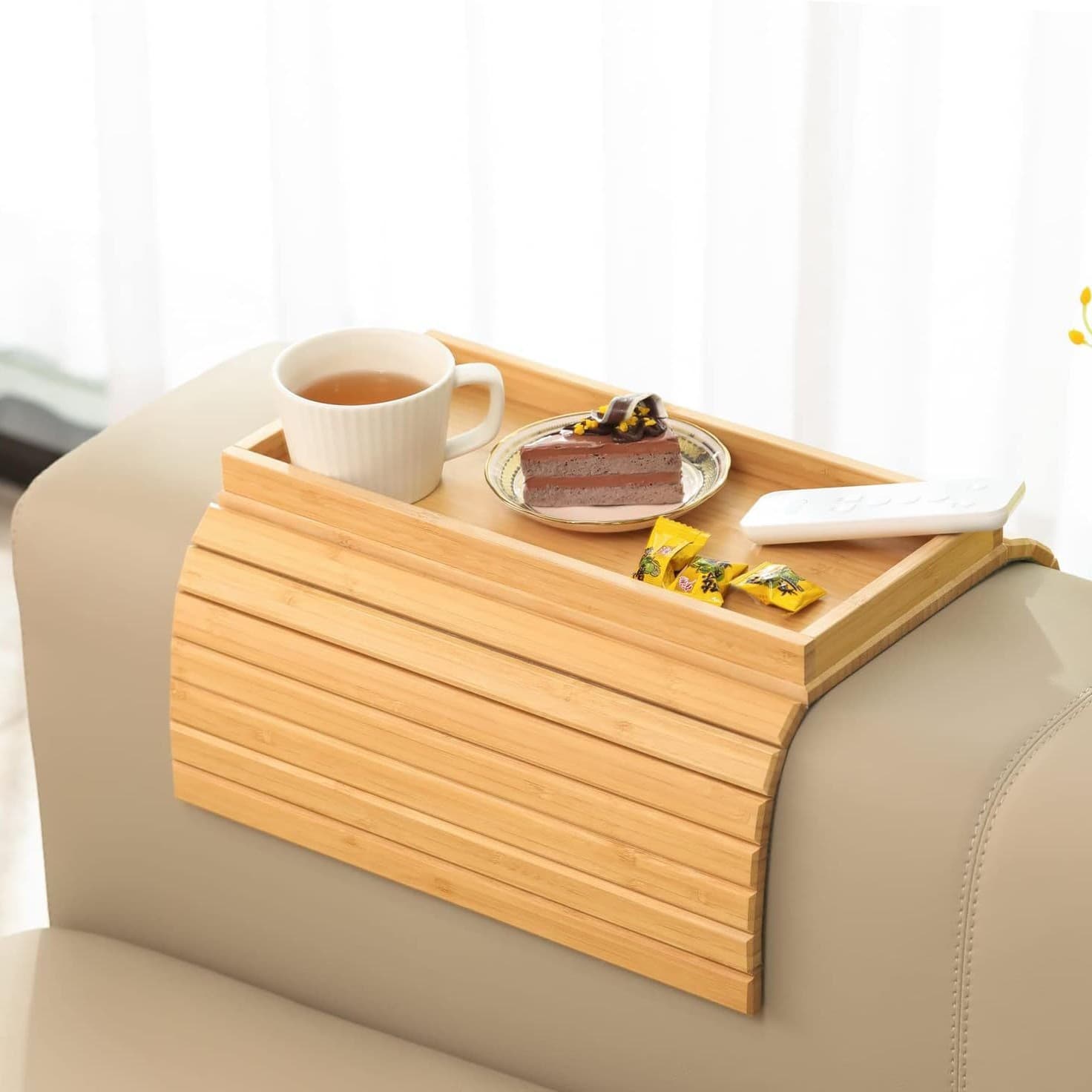 Solid Wood Sofa Arm Tray, Home Living Room Cooked Food and Coffee Lazy Design with Groove Side Sofa Arm Tray