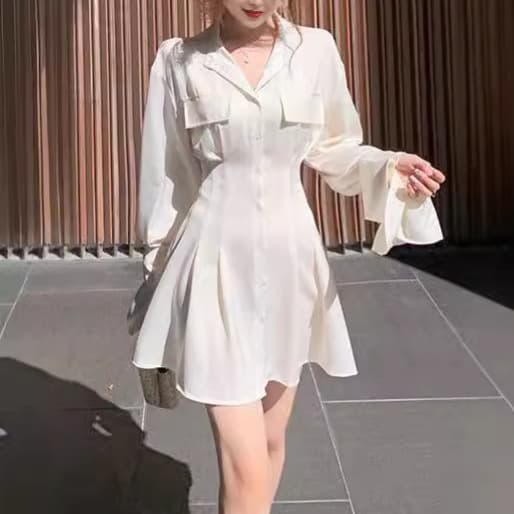2024 Autumn New High-Waist Long-Sleeve Satin Shirt Dress Elegant Slim Fit Casual Shirt Dress