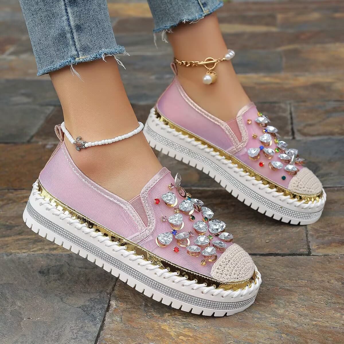 Cross-border Fisherman Shoes Spring New Flat Slip-on Loafers Rhinestone Woven Thick Sole Shoes for Women