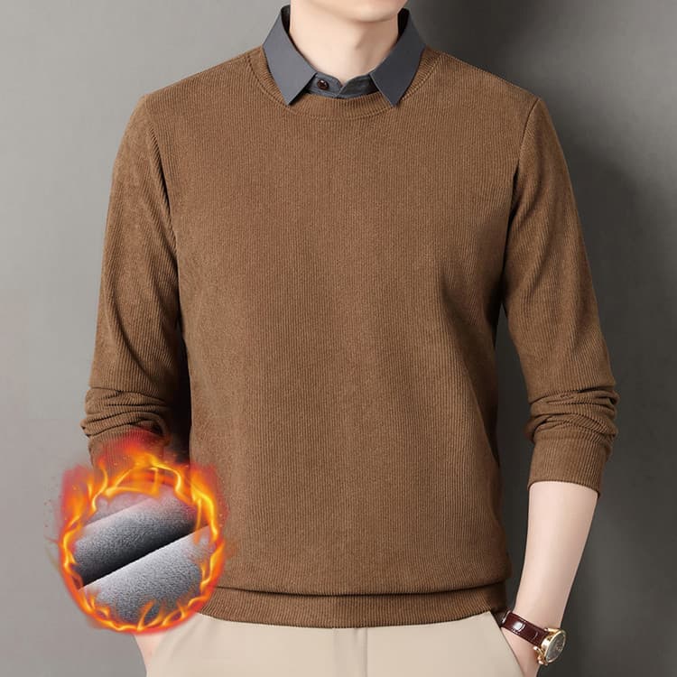 Fleece-lined Shirt Collar Layered Look Sweater Men's Autumn and Winter New Style Men's Clothing Thickened Warm T-shirt Base Layer Solid Color