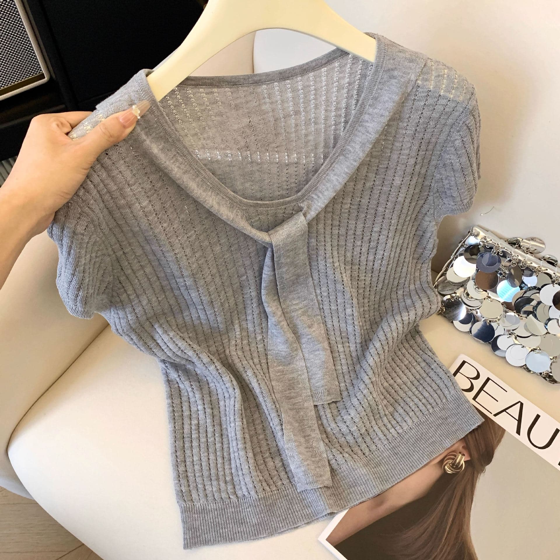 Korean style hollow breathable gray strappy short-sleeved sweater for women summer thin ice silk T-shirt design with cool silk feel