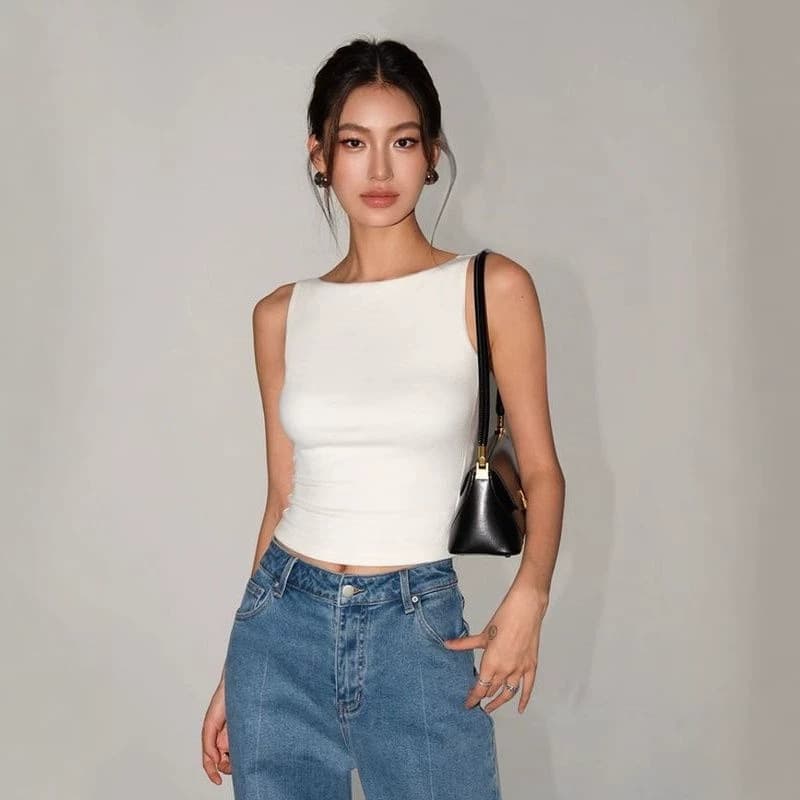 Cross-border foreign trade white short American one-shoulder sleeveless camisole summer women's slim and versatile top