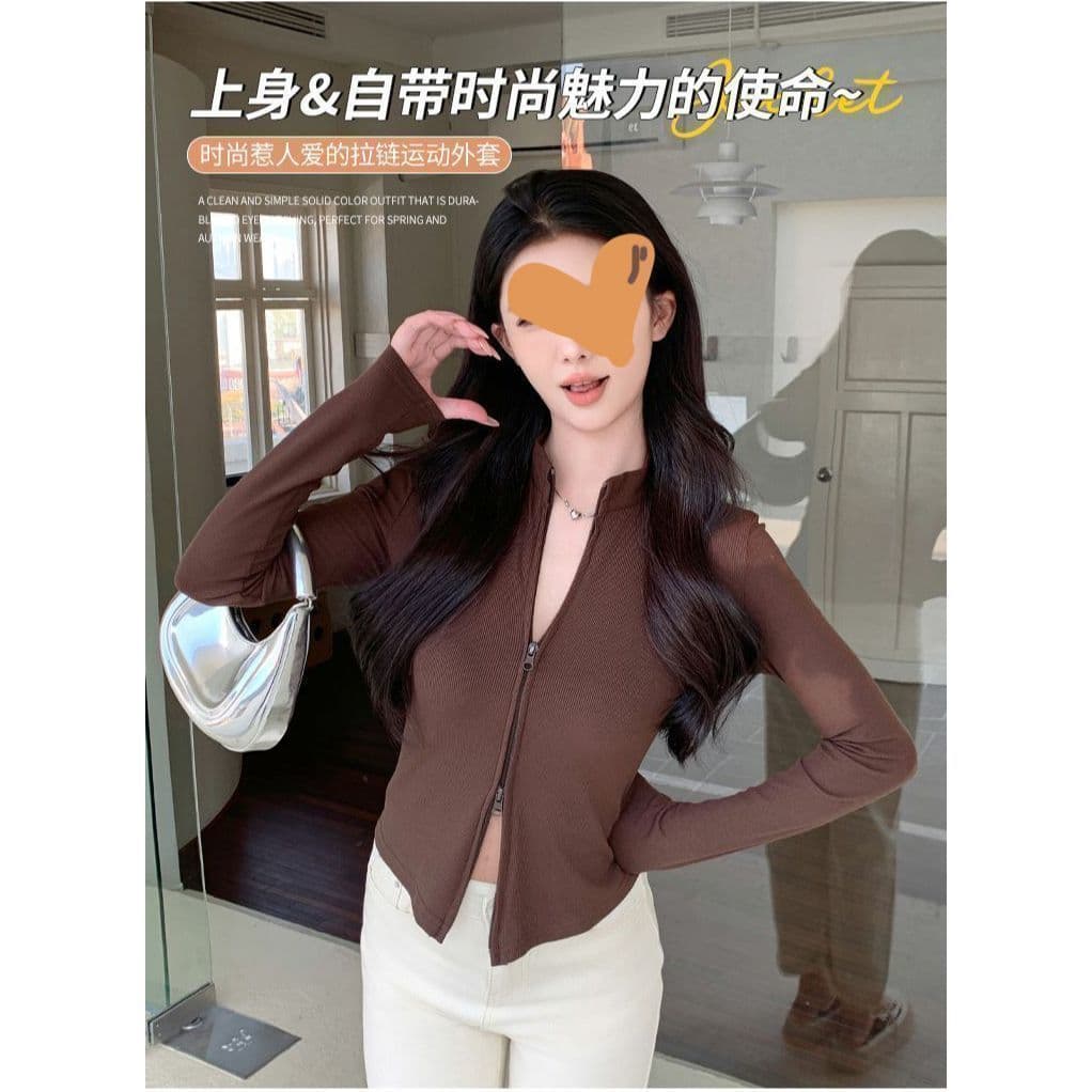 Korean style double zipper stand collar jacket for women, versatile spring and summer new slim hot girl cardigan long-sleeved sports casual top