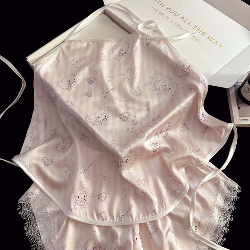 Tulip Kitty Ice Silk Camisole Sleepwear Set Tie-Back Lace Shorts Sweet Summer New Arrival