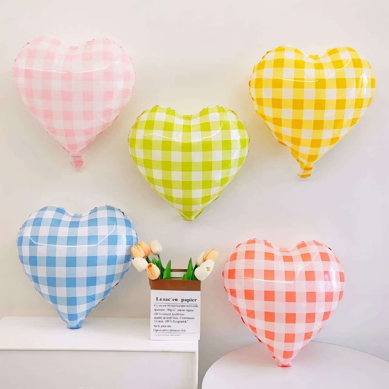 Fresh Style Heart Shape Balloons Blue White Grid Aluminum Foil Balloons Birthday Party Decoration Photography Props Sweet Xi Brand
