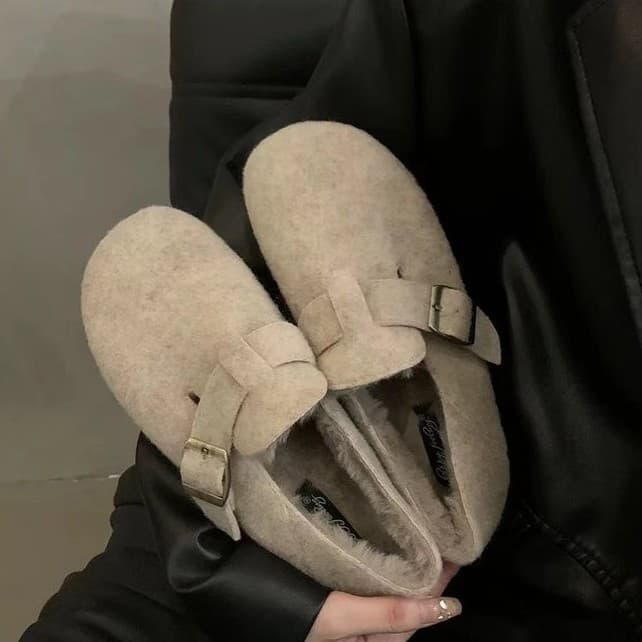 Thick Sole Fuzzy Slippers for Women Winter Outdoor 2025 Forest Style Retro Birkenstock Shoes, Fleece Lined Lazy One-Step Cotton Slippers