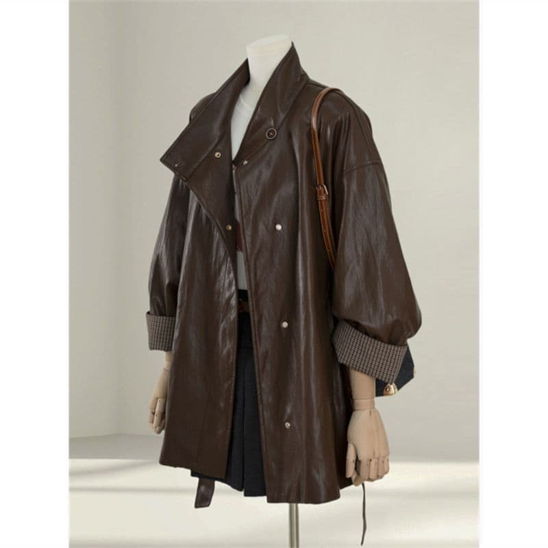 High-end coffee-colored leather jacket for women, 2025 spring and autumn new style, loose fit, slimming PU leather jacket top.