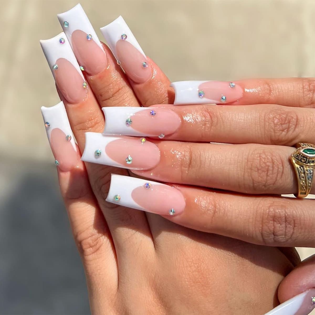 French Wearable Nails NEW FRENCH NAILS Medium Square Press-On Nails with Rhinestones SQUARE NAILS