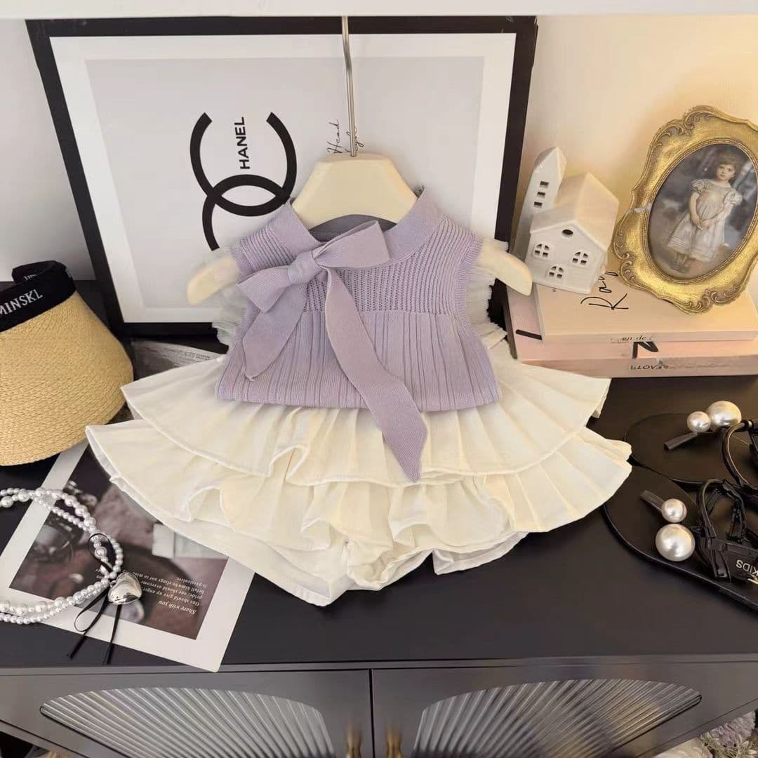 Girls Suit 2025 Summer New Fashionable Sweet Taro Purple Bow Knitted Vest Cake Skirt Two-piece Set