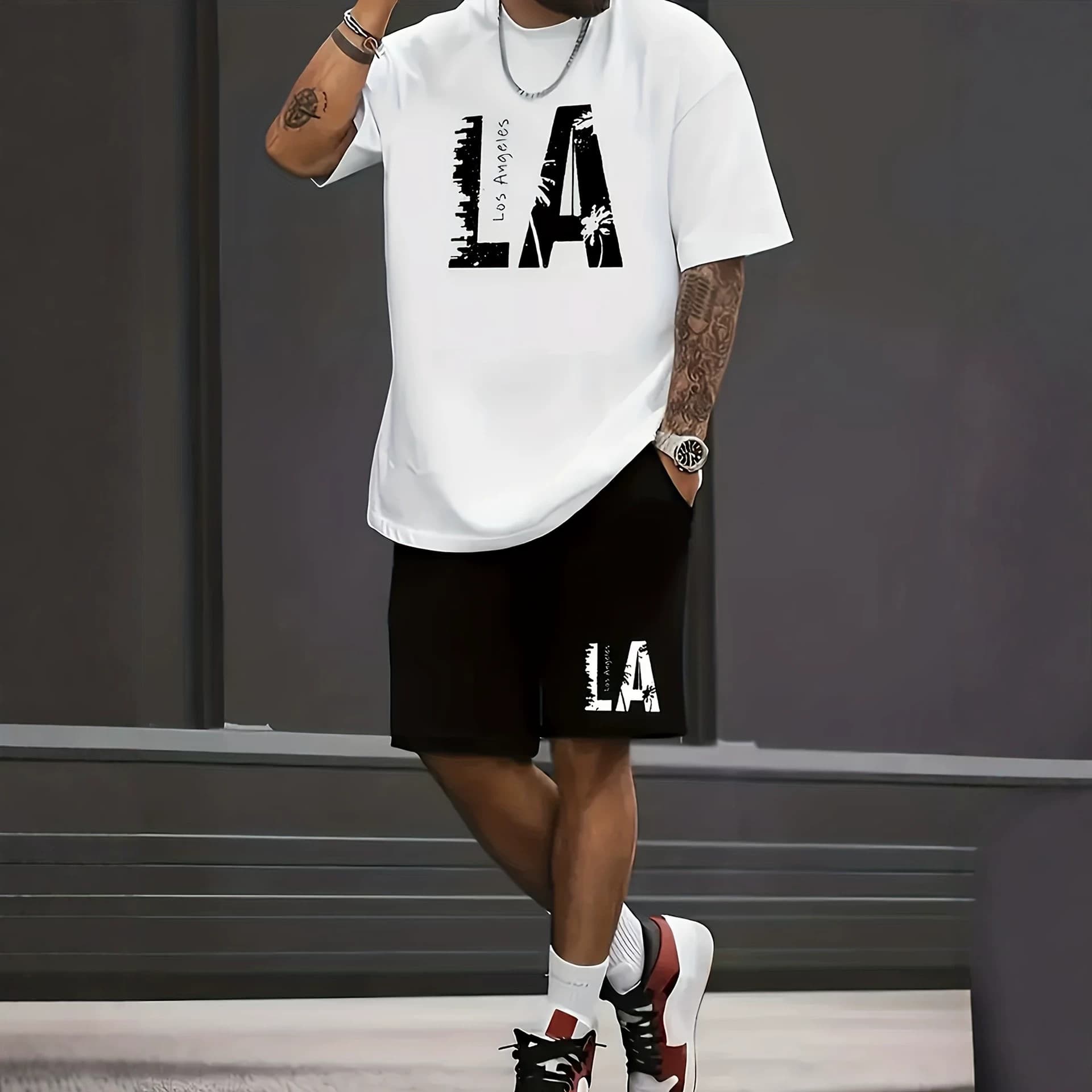 Men's Mesh Short Sleeve Shorts Set Casual Sport Summer Streetwear Loose Cross-Border High-Street Printed Set