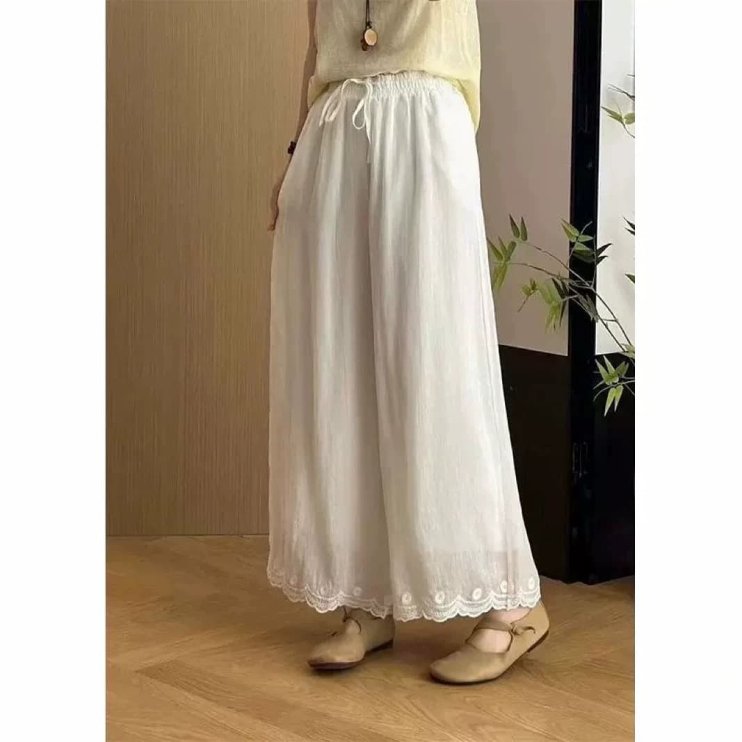 Literary retro solid color fashionable wide-leg pants for women summer new loose casual versatile nine-point long pants for women