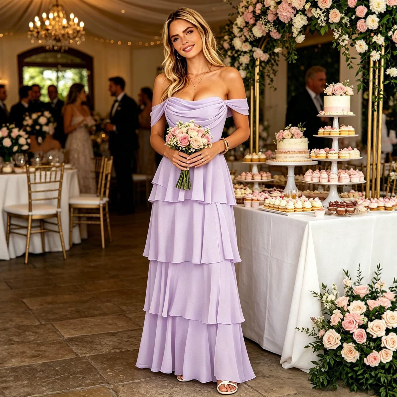 Cross-border foreign trade one-shoulder design light luxury evening dress layered cake skirt new slim banquet host dress