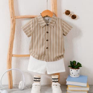 Cross-border Supply Baby Boys' 2026 Summer New Style Classic Stripe Shirt Short Sleeve with Solid Color Shorts 2-Piece Set