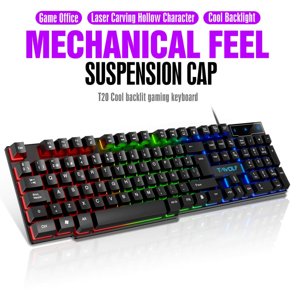 Thunderwolf T20 Keyboard Spanish, Russian, Floating Mechanical Feel Multilingual Version, Mixed Light USB Gaming Keyboard