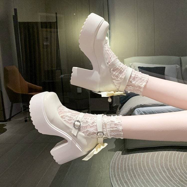 Sexy White High Heels for Women 2025 Summer New Style Platform Heightening Sweet Bow Mary Jane Leather Shoes