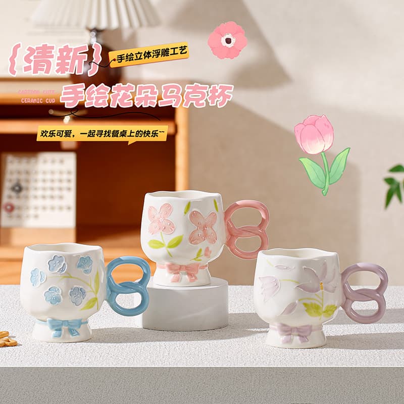Spring Fresh Hand-Painted Floral Mug for Women, High-Appearance Home Ceramic Cup, Milk Breakfast Cup, Gift Souvenir