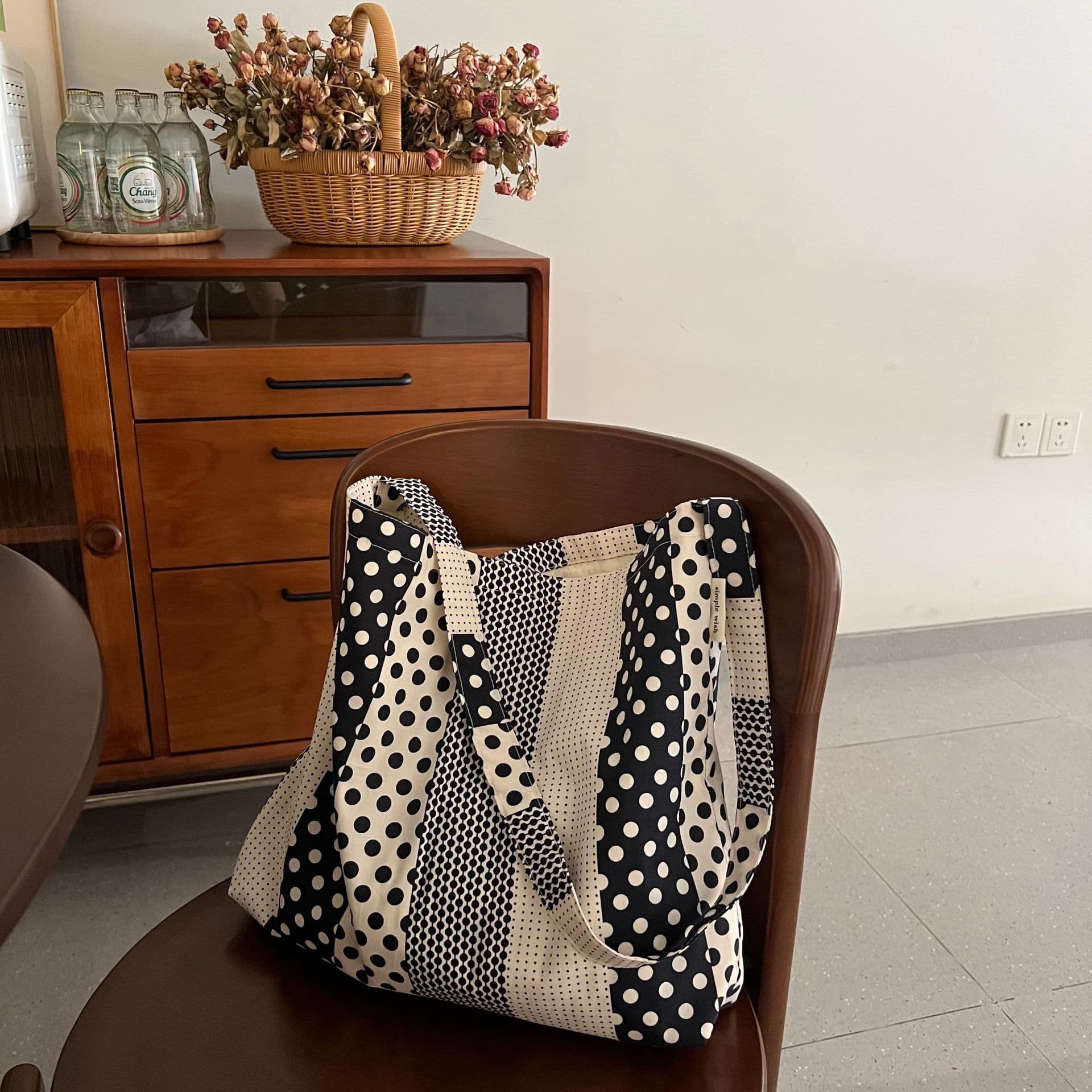 Suxi Cloth Bag Black and White Polka Dot Fashion Simple Canvas Bag Shoulder Crossbody Cotton Bag Women Large Capacity Versatile