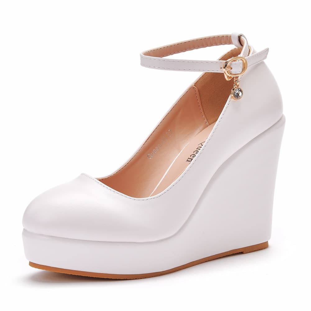 Export Thick Sole Wedge Heel Flats, One-Strap Buckle White Round Toe Platform Wedge Women's Shoes, Wedge Wedding Shoes, Platform
