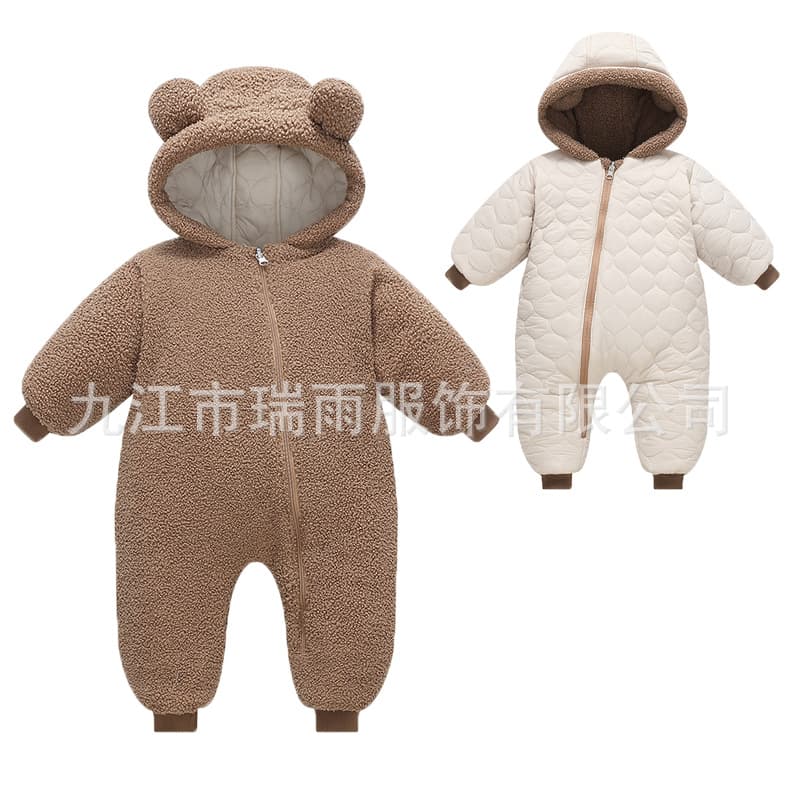 Infant and Toddler Winter Clothing Thickened Hooded Cotton Clothing Reversible Baby One-Piece Jumpsuit Plus Velvet Crawling Clothing