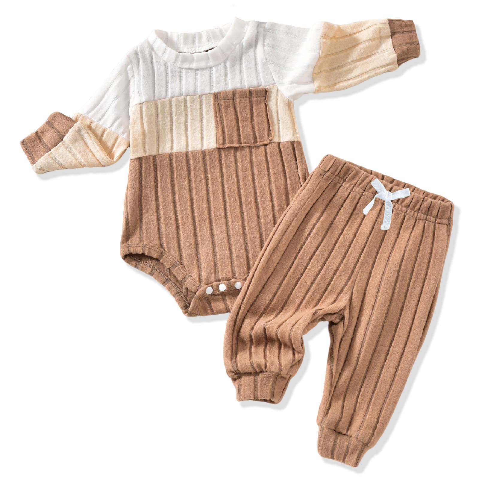 Baby Boys Girls Casual Ribbed Spliced Long Sleeve Top and Pants Set Spring Autumn