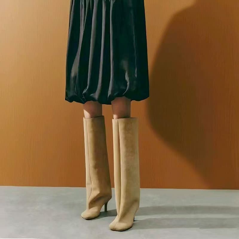 2025 European and American Style Autumn/Winter New High Heel Women's Boots, Straight Barrel Round Toe High-Top Women's Shoes, Suede Fashion Retro Women's Shoes