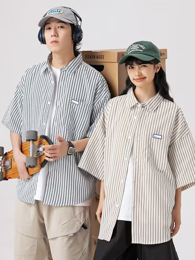 Japanese simple couple short-sleeved shirt summer new street half-sleeved shirt college style versatile casual top trend
