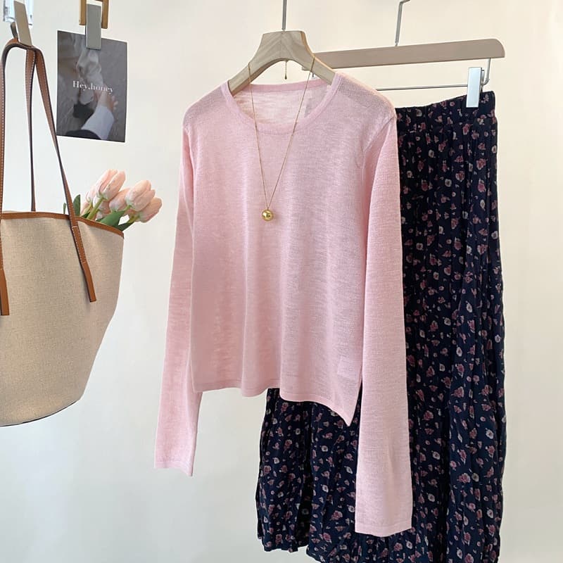 25 Spring/Summer New Korean Style Round Neck Long Sleeve Knit Top, Bamboo Fiber Lightweight Breathable Sun Protection Shirt 7618-1